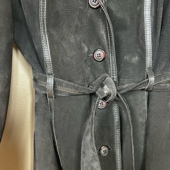 Rare Find!Vintage 70s Dark Mocha Brown Real Leather & Suede Belted Long Coat - Picture 8 of 9